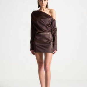 NEW Manière De Voir Dark Chocolate Brown Off Shoulder Satin Dress Size 42/ US 10